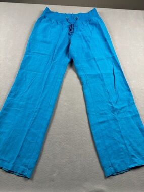 Lilly Pulitzer The Beach Pants Aqua Blue 100% Linen Large Wide Leg Drawstring